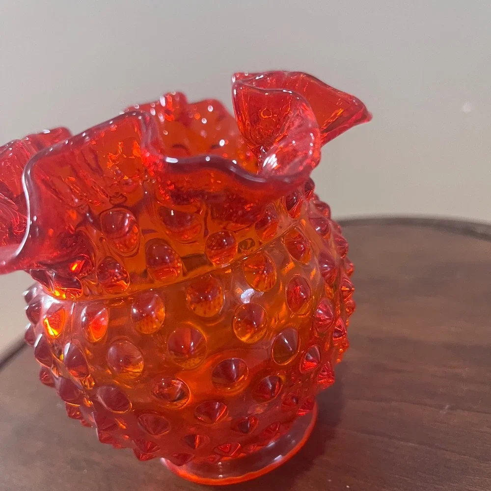 Vtg Fenton Red Orange Hobnail Glass Ruffled‎ Rose Bowl Vase Mid Century Modern